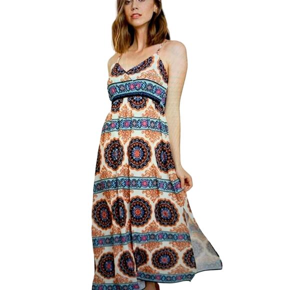 Umgee Babydoll Maxi Dress Womens Size Small Empire Waist Boho Fairy Medallion - Picture 1 of 8